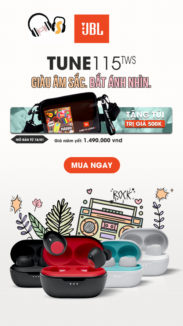 Tai nghe JBL Tune 120TWS đang phát nhạc EDM trên điện thoại với bass mạnh mẽ