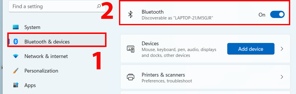 Giao diện cài đặt Bluetooth and devices settings trên Windows 11