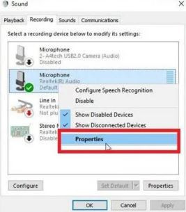 Vào Properties của Microphone trong tab Recording