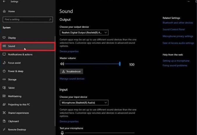 Giao diện cài đặt âm thanh chính của Windows 10