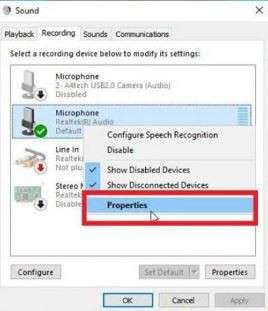 Truy cập thuộc tính Micrô trong tab Recording