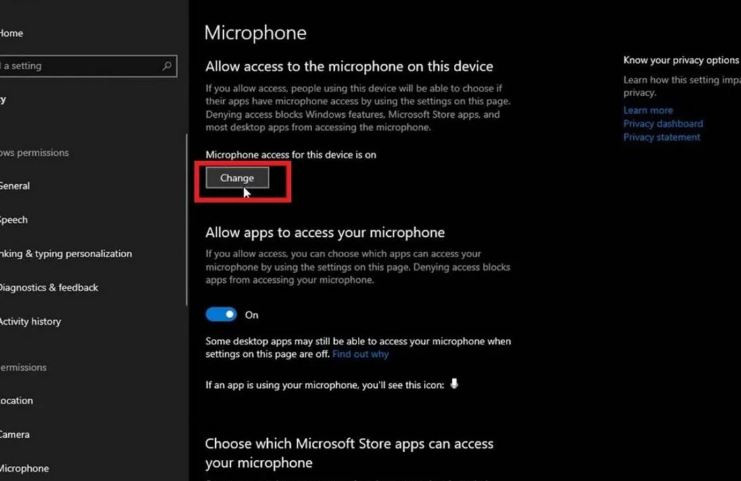 Bật công tắc cho phép ứng dụng truy cập micrô