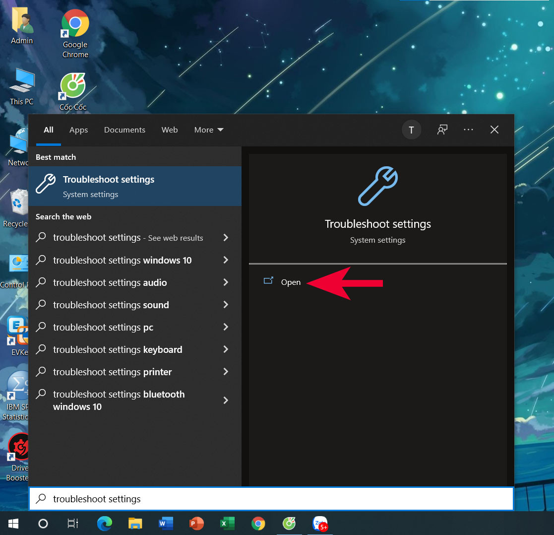 Tìm kiếm Troubleshoot settings trong Start Menu