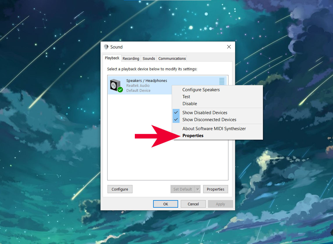 Chọn Properties của thiết bị loa hoặc tai nghe
