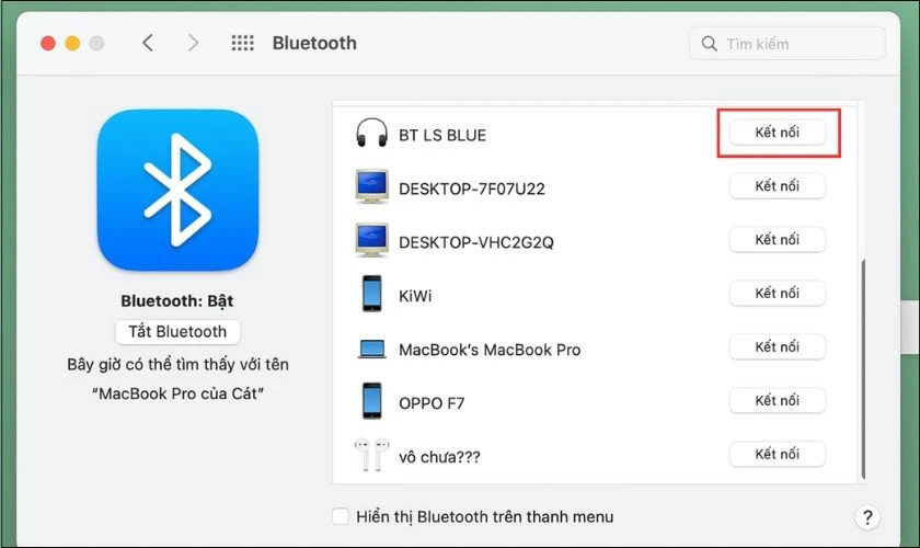 Nhấn Kết nối với tai nghe trên danh sách thiết bị MacBook