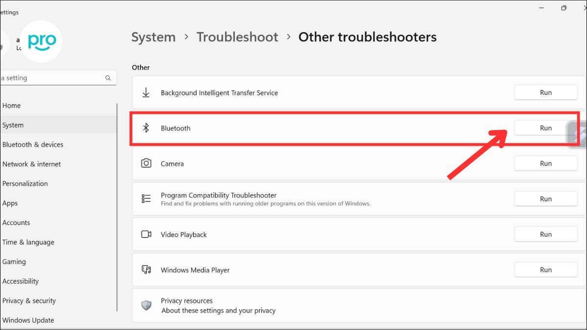 Mở Settings > System > Troubleshoot > Orther Troubleshoot > Bluetooth > Run