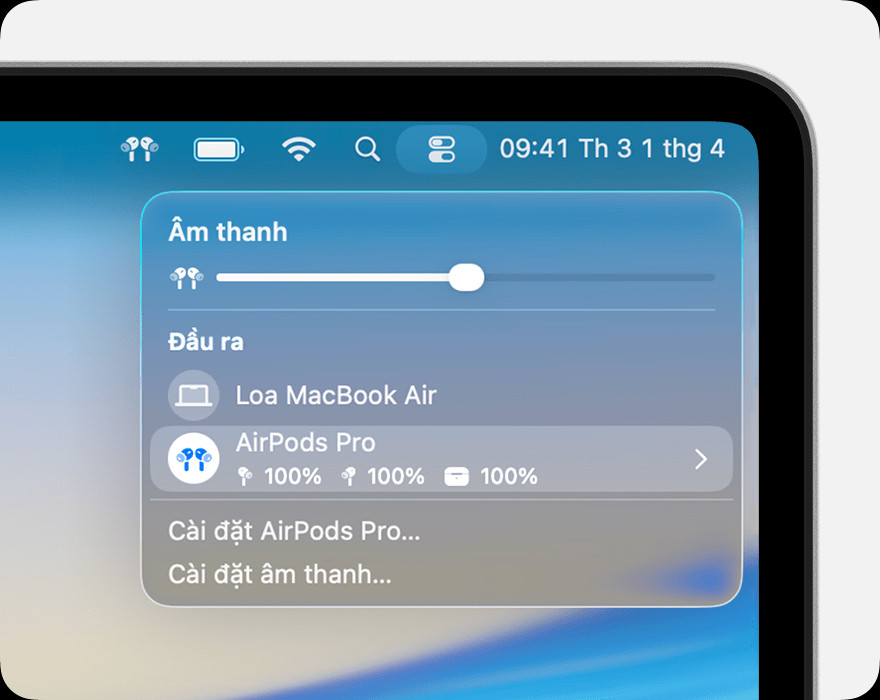 Menu âm thanh trong Trung tâm điều khiển trên máy Mac với AirPods Pro được chọn làm thiết bị đầu ra.