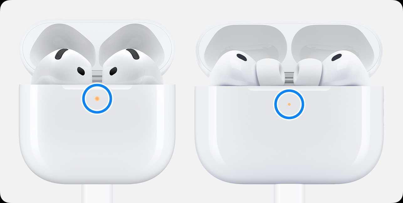Đèn trạng thái màu hổ phách ở mặt trước của hộp sạc AirPods và AirPods Pro.