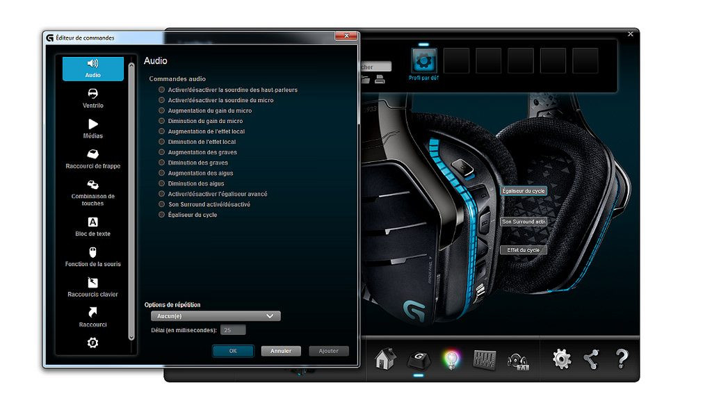 Giao diện cài đặt âm thanh và Equalizer của tai nghe Logitech G933 Artemis Spectrum trên phần mềm điều khiển