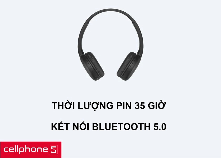 Biểu tượng thời lượng pin 35 giờ cùng kết nối Bluetooth 5.0 thể hiện khả năng hoạt động liên tục của tai nghe