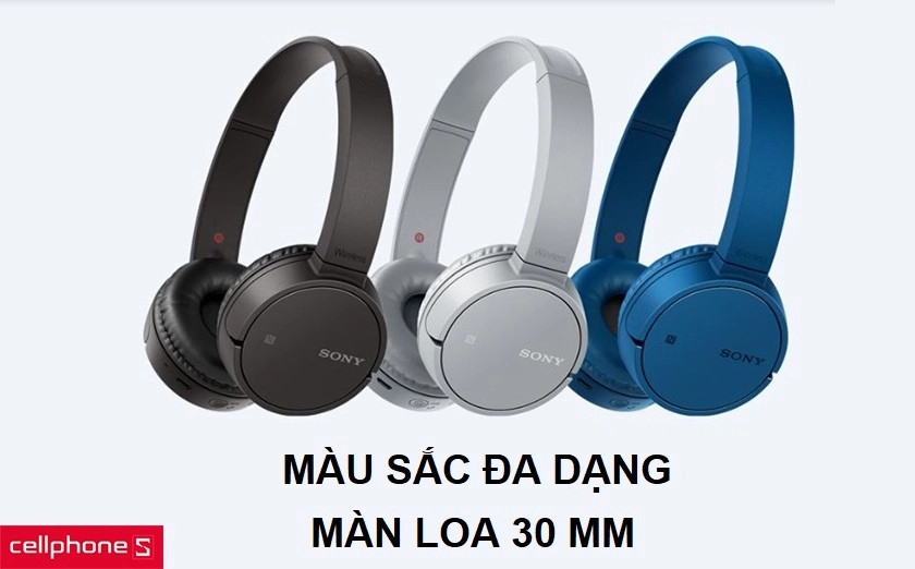 Các tùy chọn màu sắc đa dạng của tai nghe Sony WH-CH510 cùng với thông tin về màng loa 30mm
