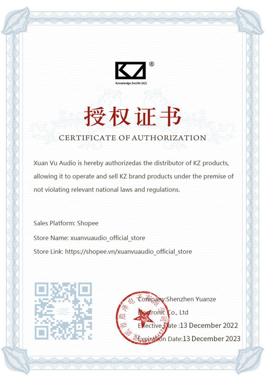 Chứng nhận phân phối chính thức của KZ Audio cho Xuân Vũ Audio