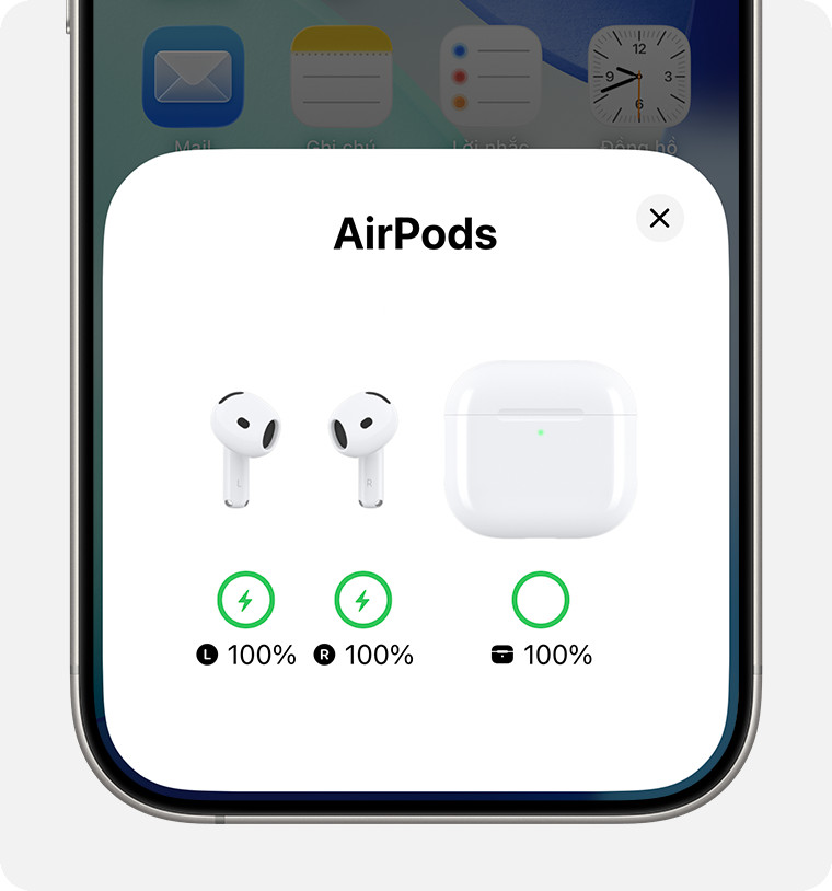 Thẻ mức pin của AirPods trên Màn hình chính của iPhone.