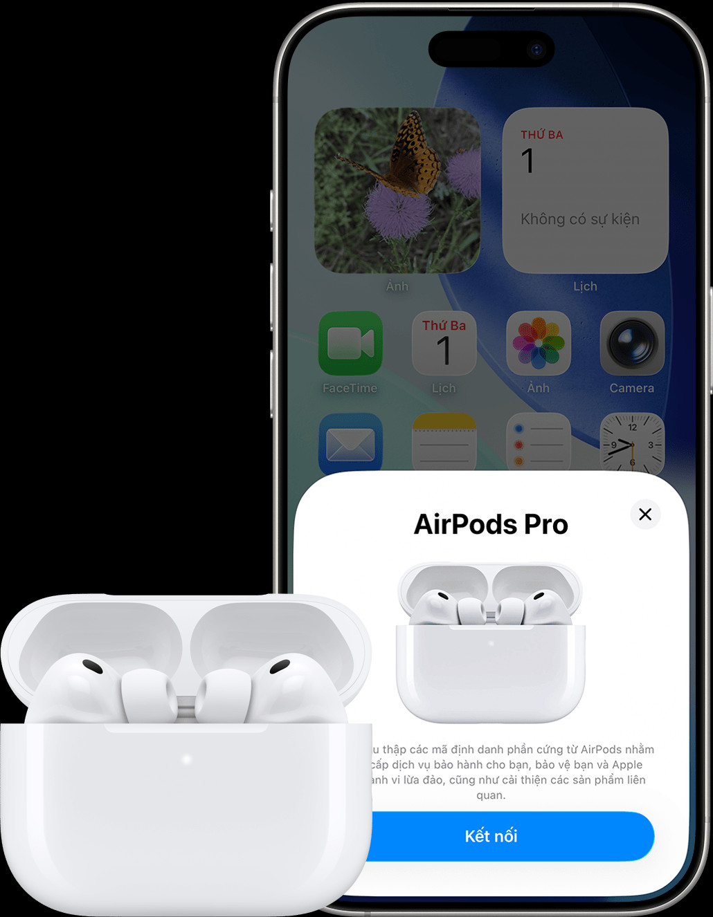 AirPods Pro bên cạnh iPhone hiển thị thẻ thiết lập có chứa nút