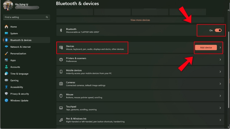 Chọn Add device sau khi bật Bluetooth