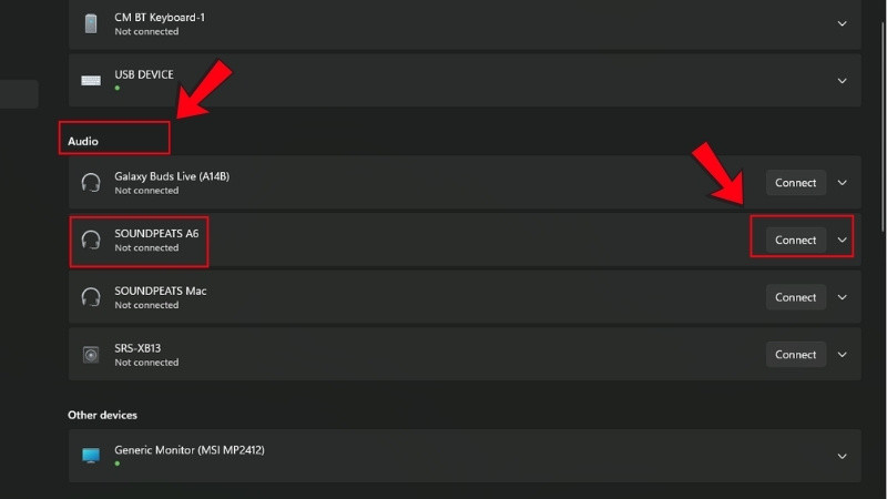 Chọn Connect để kết nối tai nghe Bluetooth với laptop