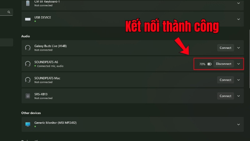 Kết nối tai nghe Bluetooth thành công trên Windows 11