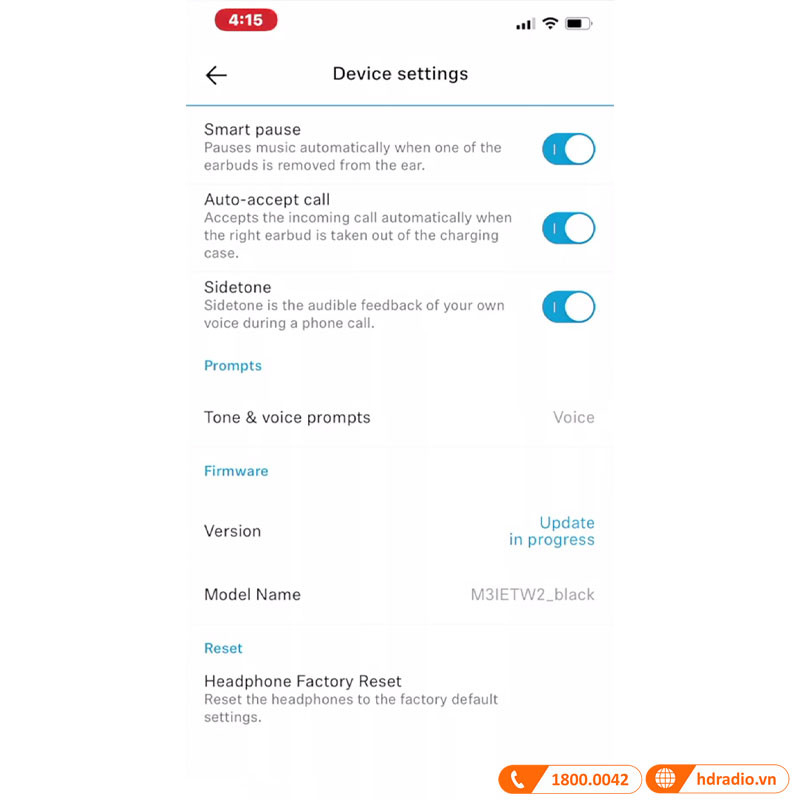 Giao diện cài đặt nâng cao trong ứng dụng Smart Control Sennheiser với các tùy chọn công nghệ