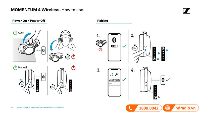 Hình ảnh mô tả cách ghép nối tai nghe chụp tai Sennheiser với thiết bị Bluetooth qua nút "Pair"