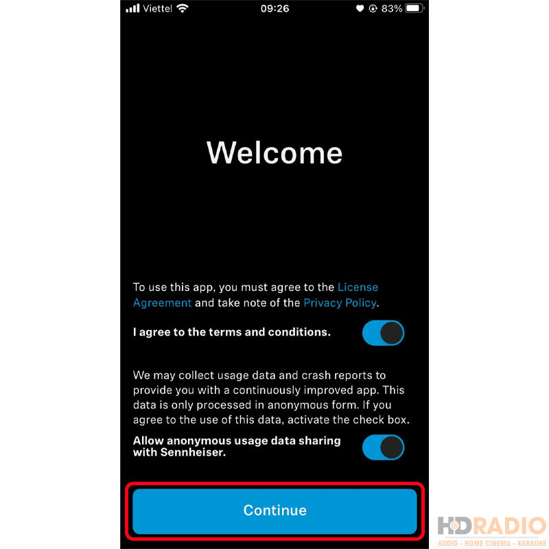 Giao diện chào mừng và đồng ý điều khoản của ứng dụng Smart Control Sennheiser