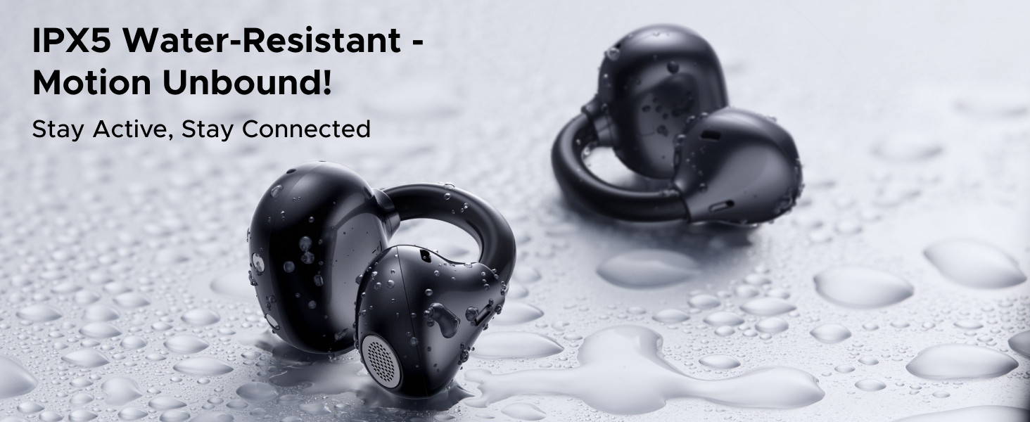 Tai nghe UGREEN ClipBuds màu đen đang được đeo trên tai một người đang chạy bộ ngoài trời, minh họa khả năng kháng nước và sự ổn định.