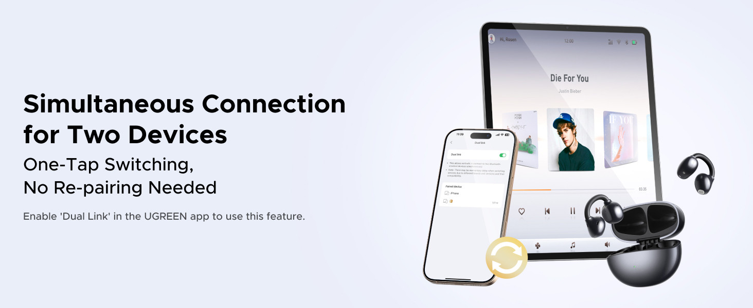 UGREEN ClipBuds màu đen với các biểu tượng tính năng chính như thoải mái, âm thanh sống động, Bluetooth 6.0, điều khiển thông minh.