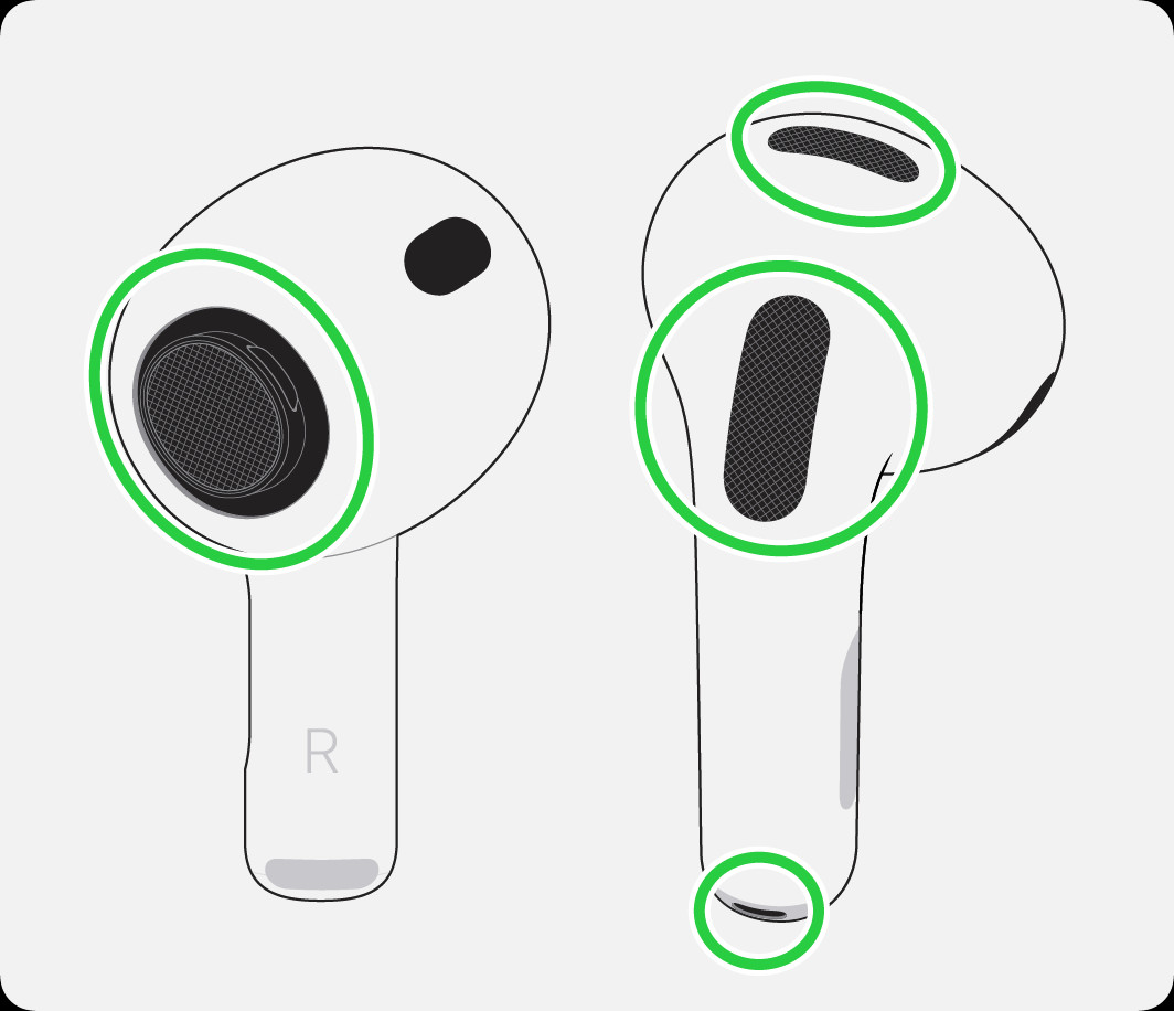 Các lưới bạn có thể vệ sinh trên AirPods Pro 3, bao gồm cả micrô