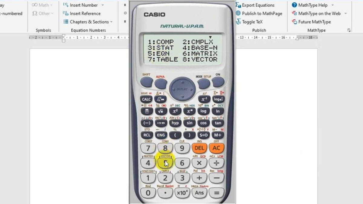 Hình ảnh minh họa cách chọn chức năng EQN (Equation) trên màn hình máy tính Casio 570vn
