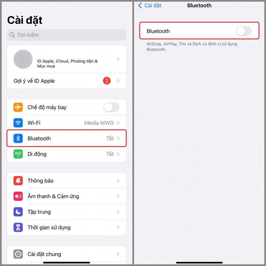 Giao diện bật Bluetooth trên điện thoại iPhone, nơi bạn có thể tìm và kết nối tai nghe