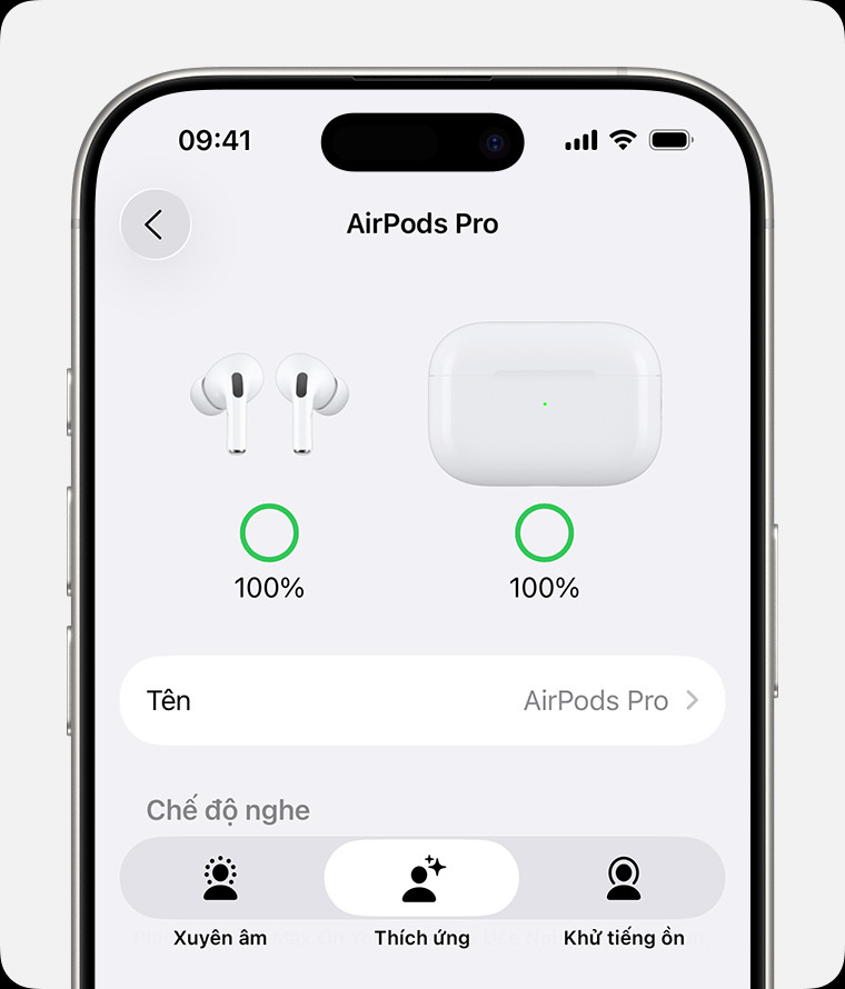 Trong cài đặt AirPods Pro trên iPhone, người dùng có thể tùy chỉnh và lựa chọn giữa các chế độ nghe Khử tiếng ồn, Xuyên âm và Thích ứng.
