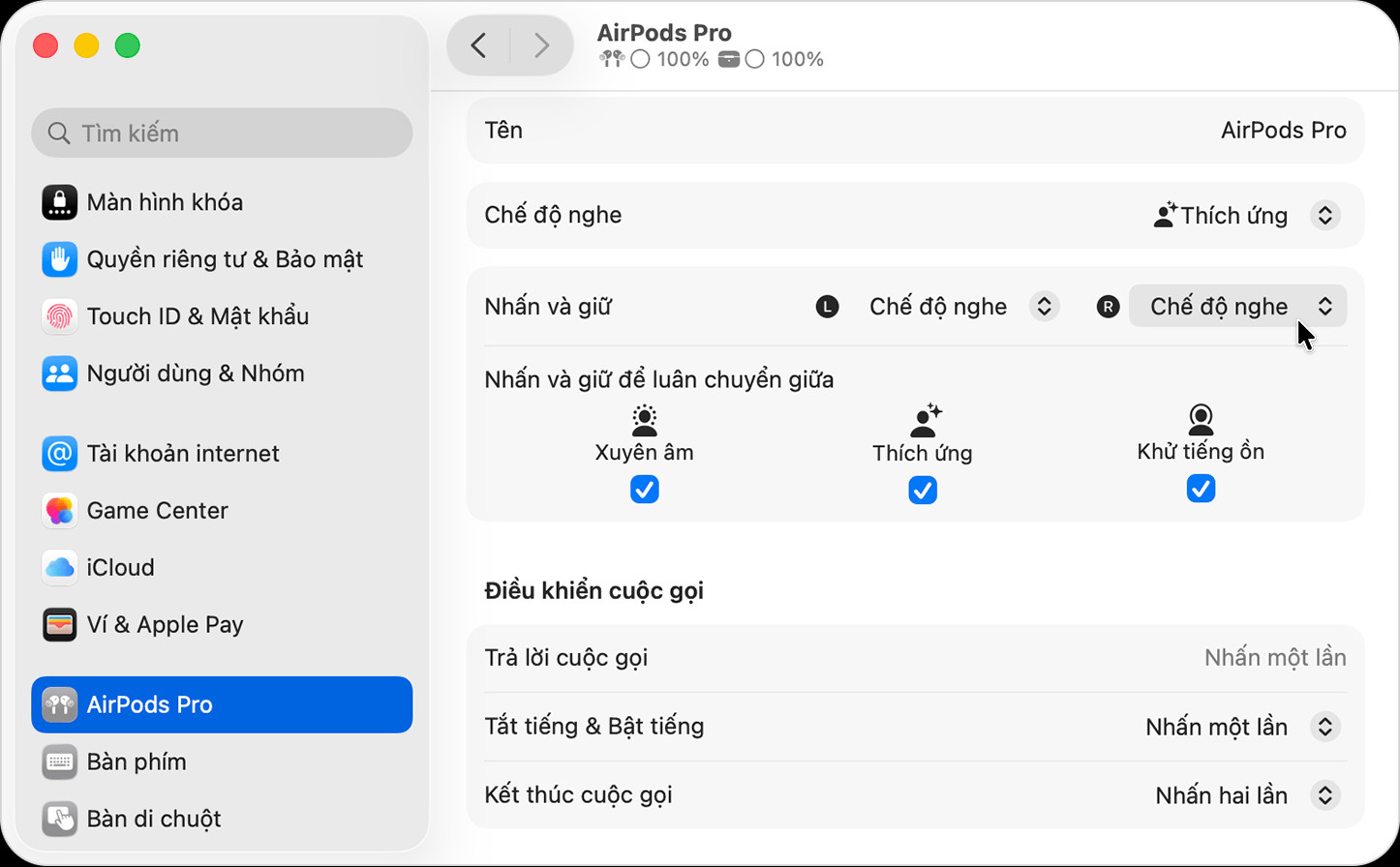 Cài đặt AirPods Pro trong Cài đặt hệ thống trên máy Mac cho phép người dùng tùy chỉnh các chế độ nghe có thể luân chuyển khi nhấn giữ.