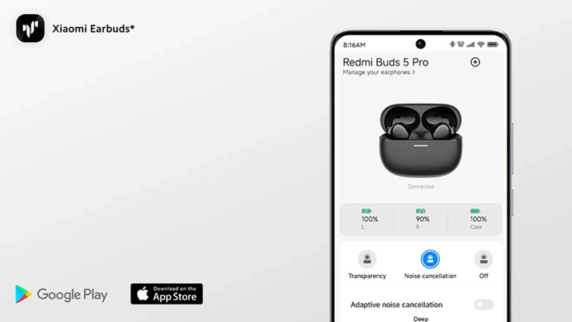 Giao diện điều khiển cảm ứng dễ sử dụng trên tai nghe Xiaomi Redmi Buds 5 Pro