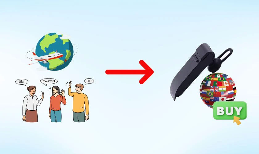 Một chiếc tai nghe phiên dịch hiện đại, nhỏ gọn, tượng trưng cho sự tiện lợi trong giao tiếp