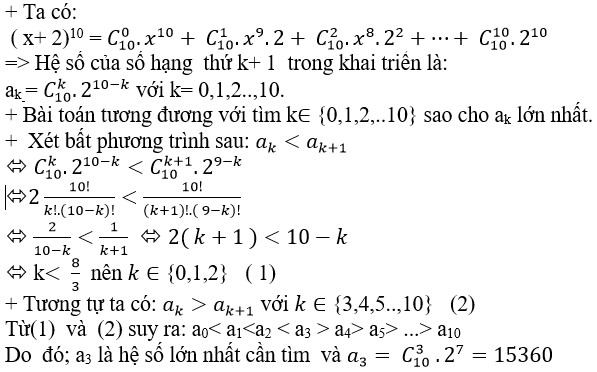 Lời giải ví dụ 3, minh họa cách tìm hệ số lớn nhất trong khai triển (x+2)^10