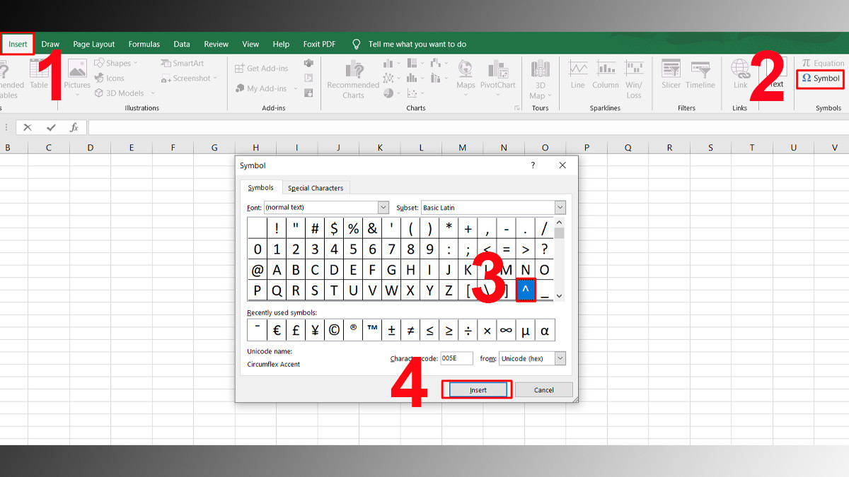 Cách để chèn dấu lũy thừa vào trong Excel