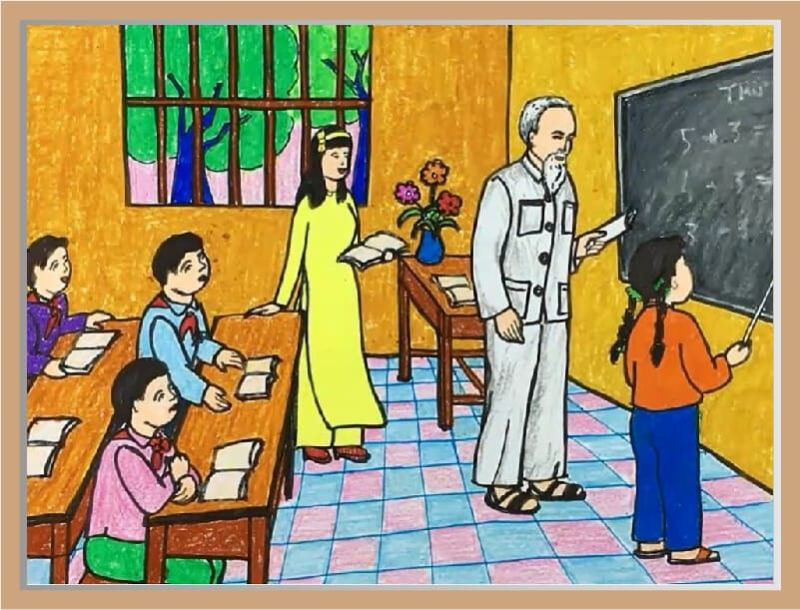 Bác Hồ đang hướng dẫn thiếu nhi học Toán. (Nguồn Internet)