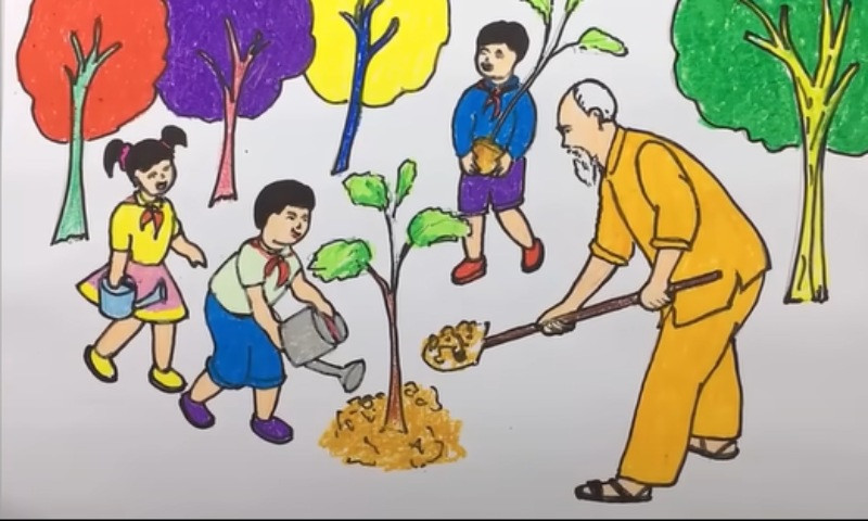 Tô màu hoàn thiện bức tranh Bác Hồ và thiếu nhi trồng cây