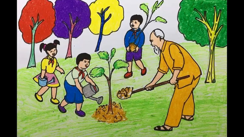 Bác Hồ cùng thiếu nhi trồng cây. (Nguồn Internet)